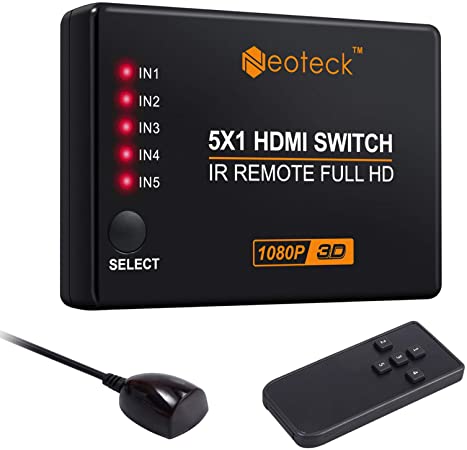 Neoteck 5 Ports HDMI Switch 5 In 1 Out HDMI Switcher Splitter 1080P 3D with IR Remote for PS3 Sky HD HTCP Apple TV