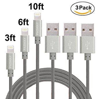 Pasway 3Pack (3ft/1m 6ft/2m 10ft/3m) Nylon Braided USB Cable with Lightning Connector for iPhone 6/ 6 Plus/ 6s, iPad Air 2, iPad Pro and More (Grey)