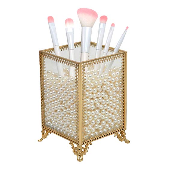 Houseables Makeup Brush Holder, Cosmetic Organizer, 4”W x 5.5”H, White Pearls, Brass Jar, Glass Panels, Dressing Table Accessories, Decorative Vanity Storage, Gold Cup, Clear Countertop Container