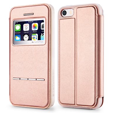 iPhone 5S/SE/5 Case, iVAPO [Touch Series] [View Window] Premium Vegan Leather Flip Folio Case [Magnetic Closure] with Stand Feature & Metal Sensor [Slide to Answer] for Apple iPhone SE 5S 5(Rose Gold)
