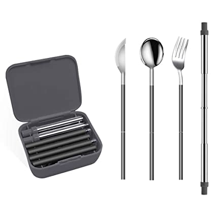 Portable Utensils Collapsible Silverware Cutlery Set - Travel Camping Reusable Flatware Stainless Steel Fork/Spoon/Knife/Straw Set (Black)