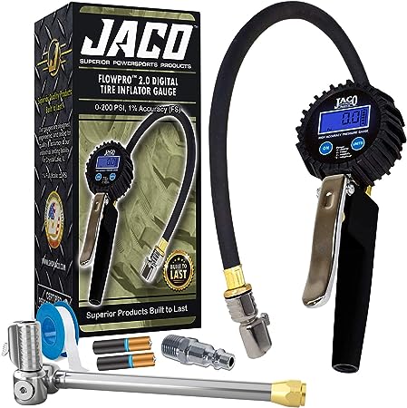 JACO FlowPro 2.0 Digital Tire Inflator Gauge (200 PSI) with Add-on Lightning T-Series Dually Air Chuck