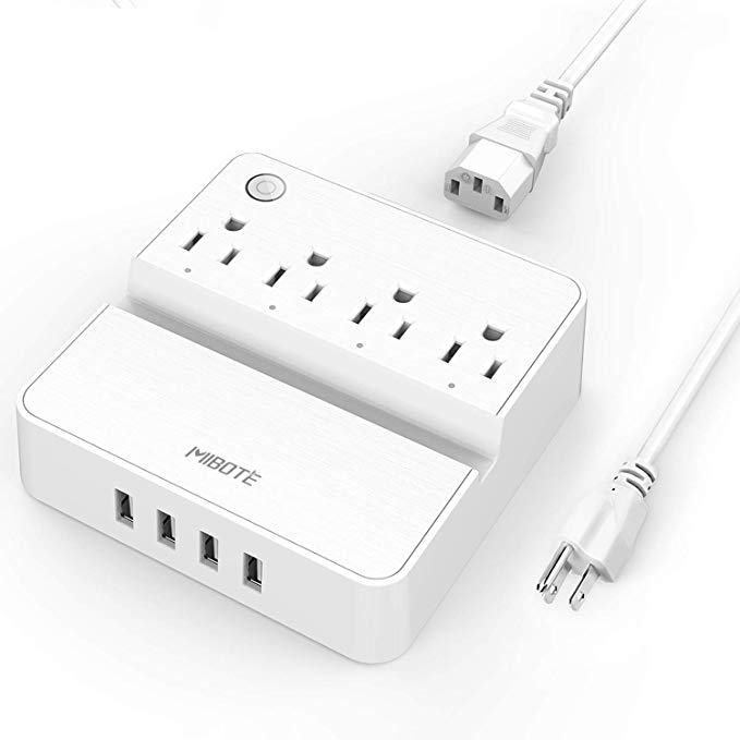 USB Power Strip, MIBOTE Smart 4-Outlet Surge Protector Power Bar with 4 Ports USB Charger Phone/Tablet Stand for Travel, TV, Computer, Transformers, Power Bank (White)