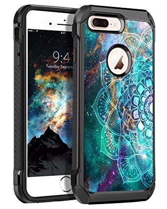 BENTOBEN iPhone 8 Plus Case, Slim 2 in 1 Heavy Duty Rugged Non-Slip Hybrid Soft TPU Bumper Hard PC Shockproof Glow in The Dark Luminous Noctilucent Protective Case for iPhone 8 Plus,Mandala in Galaxy