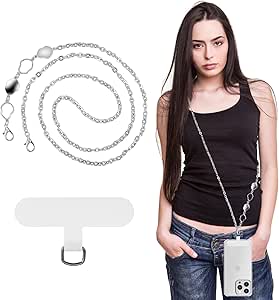 MoKo Universal Phone Lanyard, Metal Cell Phone Chain Crossbody Strap Anti-Theft Detachable Women Cellphone Lanyards Around The Neck with Patches for iPhone, Most Smartphones - Silver