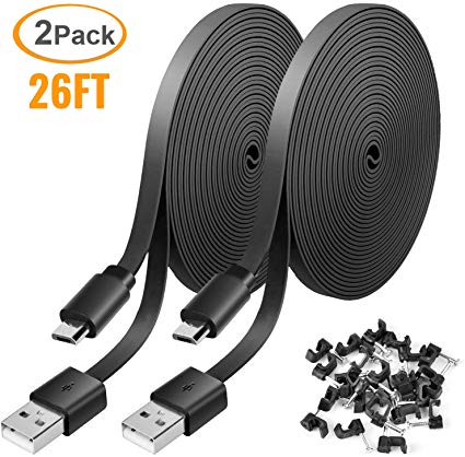 2 Pack 26FT Power Extension Cable for WyzeCam,WyzeCam Pan,KasaCam Indoor,NestCam Indoor,Yi Camera, Blink, USB to Micro USB Durable Charging Cord for Security Camera with Wire Clips (Black)