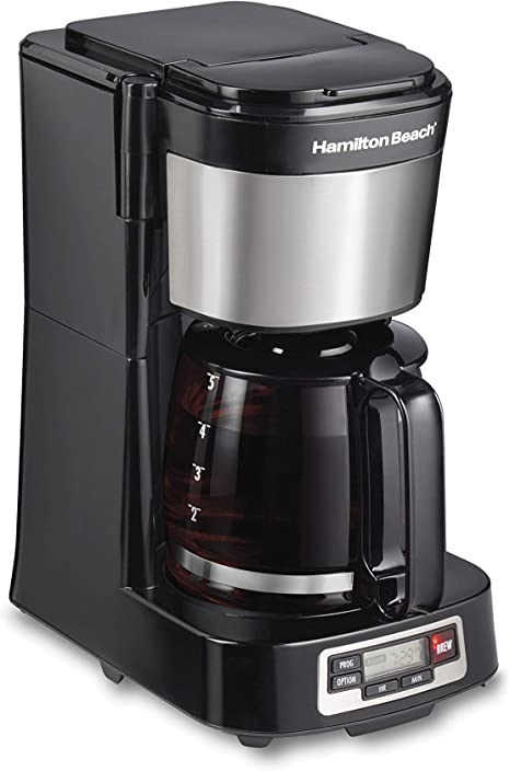 Hamilton Beach 5 Cup Compact Drip Coffee Maker with Programmable Clock & Glass Carafe, Black (46111)