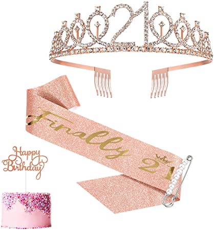 21st Birthday Sash and Crown for Girls, Finally 21 Birthday Sash and Rhinestone Tiara Set for Girls, 21st Birthday Gifts for Happy 21st Birthday Party Favor Supplies