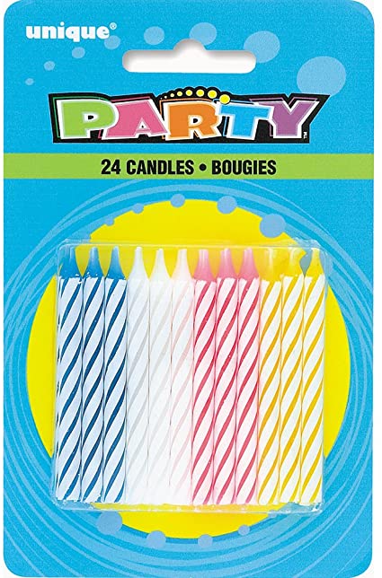 Assorted Color Striped Birthday Candles, 24ct