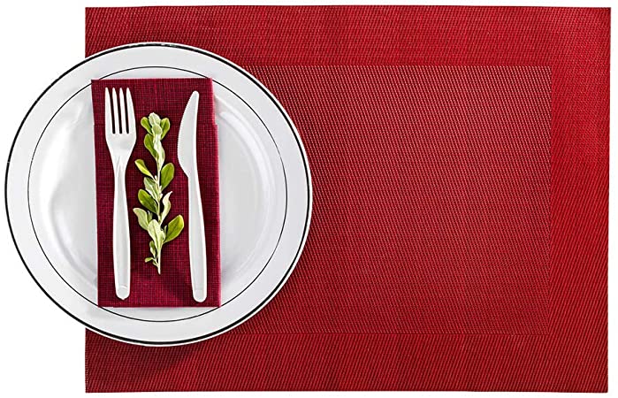 Geneva Frame Garnet Red Vinyl Woven Placemat - 16" x 12" - 6 count box - Restaurantware