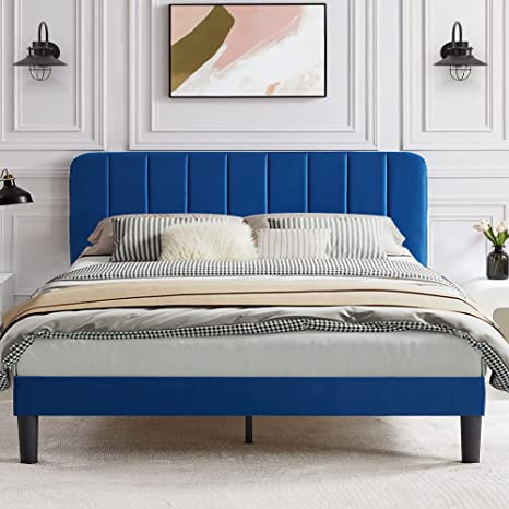 VECELO Full Size Bed Frame, Upholstered Platform bedframe with Adjustable Headboard, Mattress Foundation, Strong Wood Slat Support, No Box Spring Needed, Easy Assembly, Dark Blue