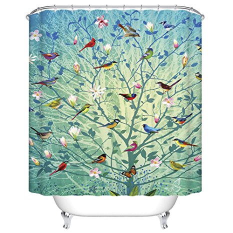 ChezMax Flowers Blossom Birds Contend Waterproof Bathroom Fabric Shower Curtain with 12 Hooks 72" W x 78" L