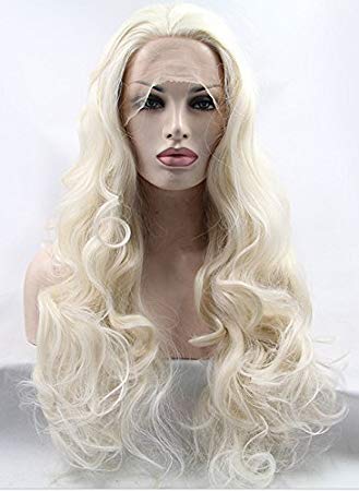 K'ryssma Platinum Blonde Glueless Lace Front Wigs Long Natural Wavy Heat Resistant Synthetic Hair Wig For White Women Half Hand Tied 24 Inch