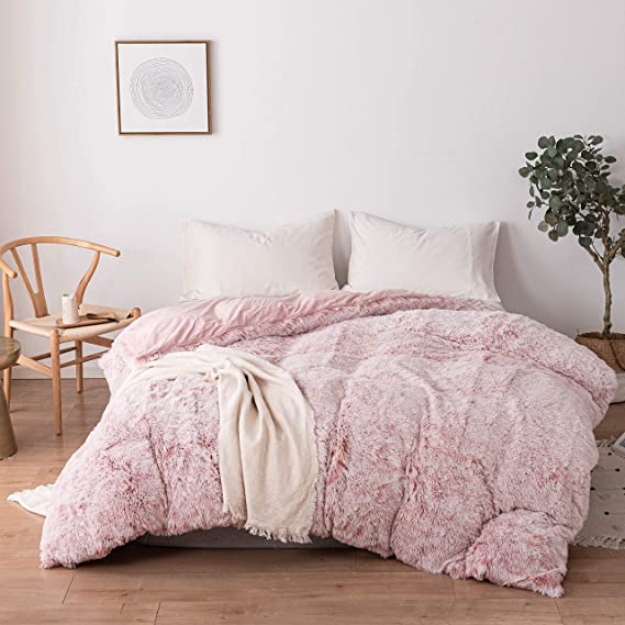 Roore Faux Fur Duvet Cover | Luxury Fluffy Plush Shaggy Soft Duvet Cover Comforter 1 Piece Set (Pink Ombre, Full/Queen)