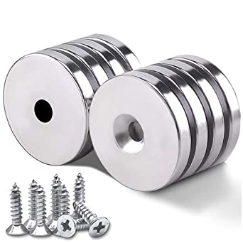 Grtard 8 Pack 1.26”D x 0.2”H Neodymium Disc Countersunk Hole Magnets. Strong, Permanent, Rare Earth Magnets, with 8 Screws