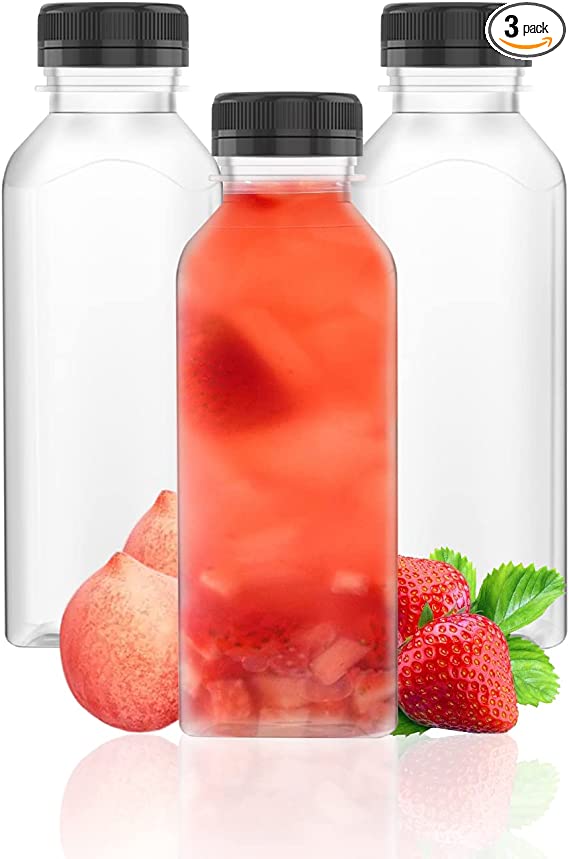 3 Pcs 17 Ounce Plastic Juice Bottles, Clear Bulk Beverage Containers, for Smoothies, Juice Milk and Homemade Beverages