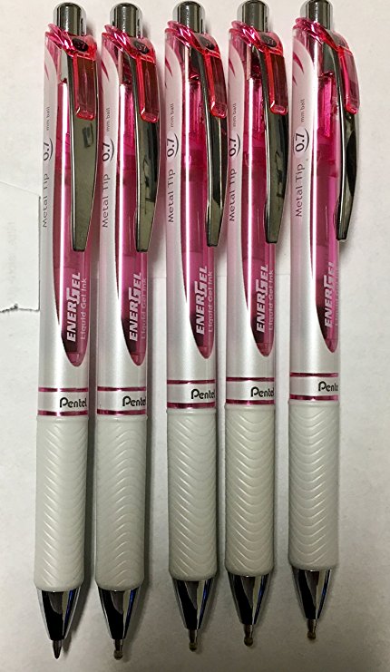 Pentel EnerGel RTX Deluxe Retractable Liquid Gel Pen, Fine .7mm Metal Tip, Black Ink, Pink/White Barrel (Bulk Lot of 15)