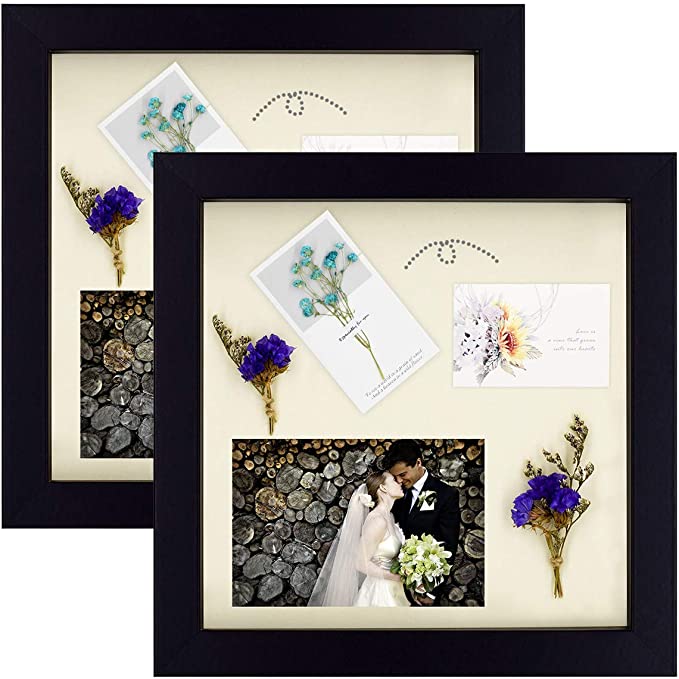 Golden State Art, Shadowbox Frame with Sawtooth Hanger for Hanging On Wall Display, Adjustable Inner Molding - Great for Weddings, Pictures, Mementos (Black, 8x8 Frame, 2-Pack)