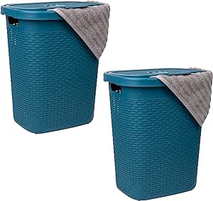 Mind Reader 50L Slim Laundry Hamper, Set of 2, Clothes Basket, Lid, Wicker Design, Plastic, 17.65"L x 13.75"W x 21"H, Blue