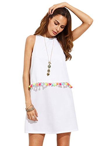 ROMWE Womens Round Neck Tassel Trim Sleeveless Mini A-line Dress