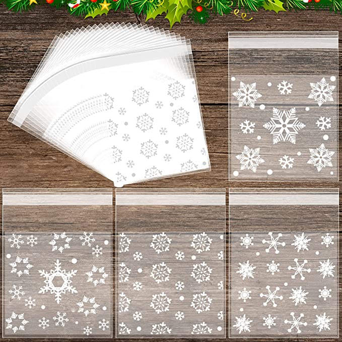 Konsait 100Count Snowflake Cookie Candy Treat Bags Self-adhesive Sweets Biscuit Dessert Bags Plastic Bags Packaging Snowflake Cellophane Gift Goody Bags for Xmas New Year Party Favors Supplies