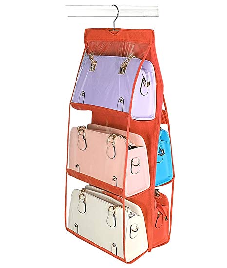 Vercord 6-Pocket Hanging Purse Handbag Tote Storage Holder Organizer Dust-Proof Closet Wardrobe Hatstand Space Saver, Orange