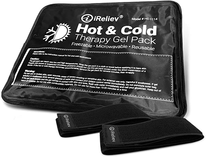iReliev Hot & Cold Therapy Gel Pack - Hot& Cold Relief, Reusable, Freezable & Microwaveable, Pain & Muscle Soreness, Arm, Leg, Knee, Shoulder, Back Pain Relief, Compression Pack & Strap (Large, Black)