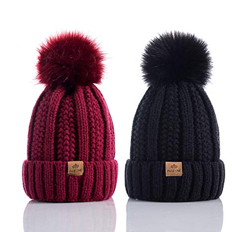 PAGE ONE Womens Winter Thick Cable Knit Beanie Faux Fur Pom Hat Fleece Lined Skull Cap