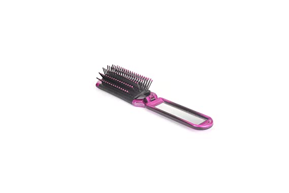 The Travel Brush |Style & Detangle Hair Brush |Professional Grade Nylon Pins |   High Polish Acrylic Handle | Fold Up Design with Mirror Handle |Pink Burst Finish | Model 703 - PBF