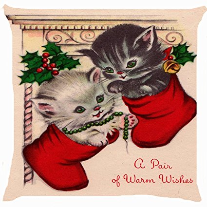 HLPPC Retro Vintage Cat Kitten Pair Christmas Sock Stocking Cute Kitty Pet Warm Wishes 18 x 18 Inches
