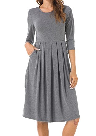 Levaca Women's Scoop Neck Pleated Loose Swing Casual Midi Dress With Pockets