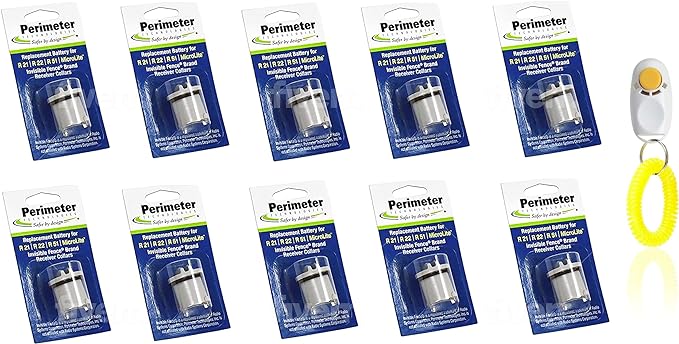 Perimeter Technologies Dog Collar Batteries Compatible with Invisible Fence | Replacement Batteries for R21 or R51 Receiver Dog Collars | Includes ElectroPet Training Clicker | Pack of 10