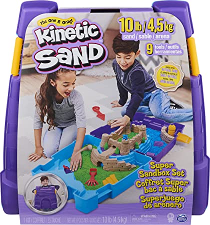 Kinetic Sand, Super Sandbox Set with 10lbs of Kinetic Sand, Portable Sandbox w/ 10 Molds and Tools, Play Sand Sensory Toys for Kids Aged 3 and Up