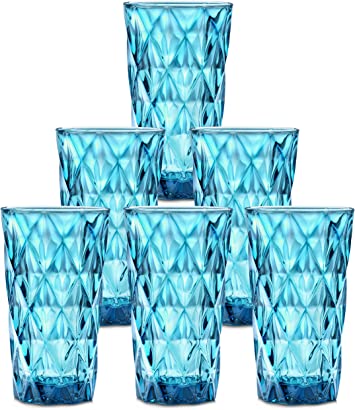 Chef's Star Glass Water Cups: 13.5 Oz Highball Drinking Glasses for Juice, Cocktails, Beer, Iced Coffee - Tumbler Glassware Sets for Kitchen and Bar - Clear Blue Drinkware, 6 Piece Glass Cup Set