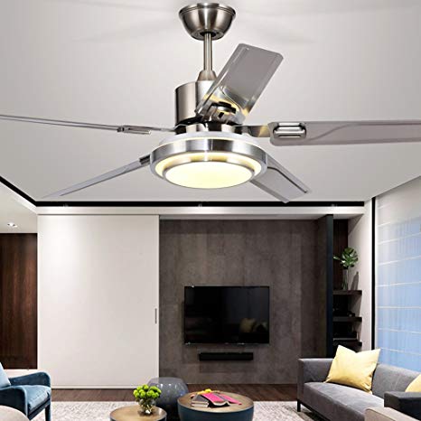 Andersonlight Modern LED Ceiling Fan 5 Stainless Steel Blades and Remote Control 3-Light Changes Indoor Mute Energy Saving Fan Chandelier for Home Decoration (48-In)