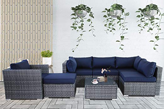 Patio Conversation Furniture Set 7-Piece Gray PE Wicker Navy Cushion Fashion Color Rattan Sofa Outdoor Seating