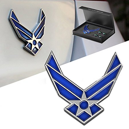 DSYCAR 3D Metal Blue Wing US Air Force Premium Auto Emblem - And 4 Free Valve Stem Caps
