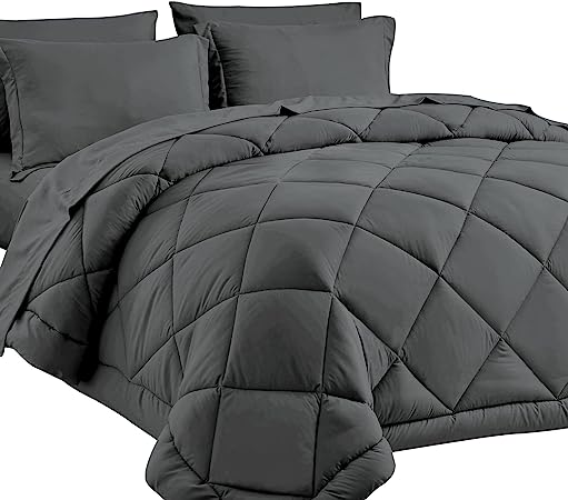 CozyLux California King Bed in a Bag 7 Pieces Comforter Set with Sheets Dark Grey Cal King All Season Bedding Sets with Comforter, Pillow Shams, Flat Sheet, Fitted Sheet and Pillowcases