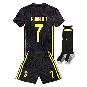 2018-2019 Away C Ronaldo #7 Juventus Kids Youth Soccer Jersey & Shorts & Socks Black