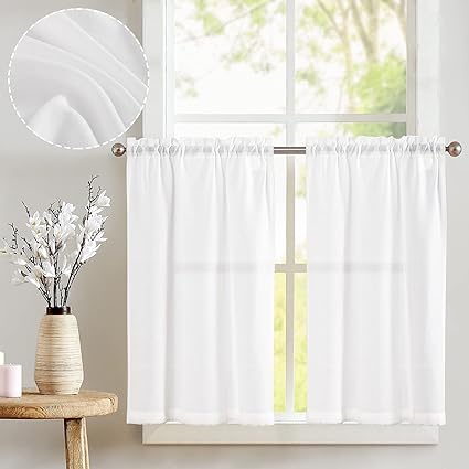 jinchan Tier Curtains Linen Textured 36 Inches Long Curtains for Kitchen Small Cafe Curtains for Window Treatment Set 2 Panels White