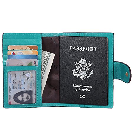 Banuce Canadian Cowhide Leather Travel Passport Holder Case Cover Wallet(Sea Green)