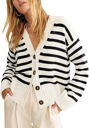 EVALESS Womens Striped Cardigan Sweaters Long Sleeve V Neck Lightweight Open Front Button Down Knit Cardigans