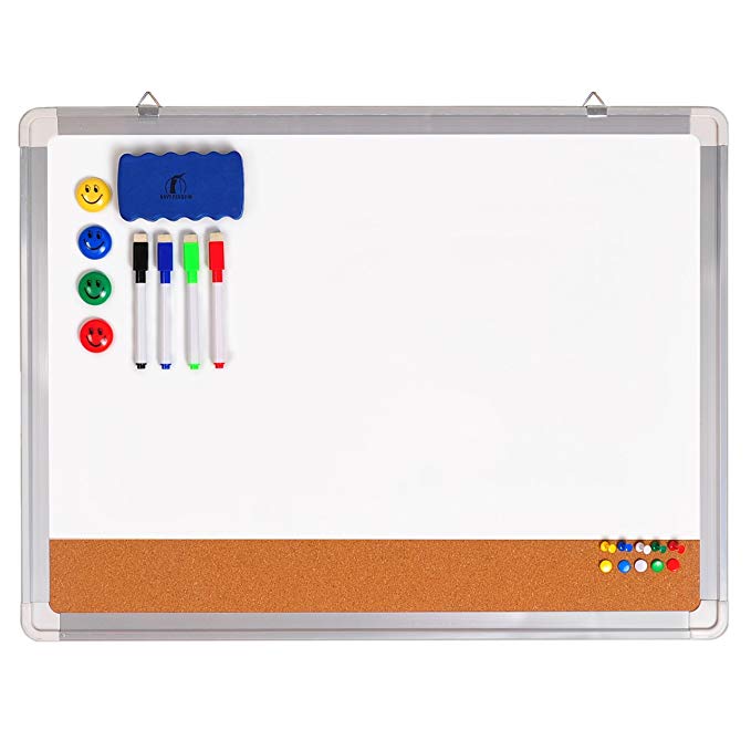 Combination Whiteboard Bulletin Board Set - Dry Erase/Cork Board 24 x 18   1 Magnetic Eraser, 4 Colorful Dry Wipe Markers, 4 Magnets and 10 Pins - Small Combo White Tack Board for Home and Office