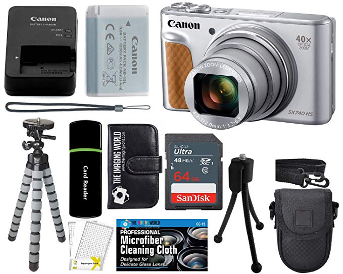 Canon PowerShot SX740 HS Digital Camera (Silver) with 20MP, 4K HD Video, 40x Optical   40x Digital Zoom, Wi-Fi, Bluetooth and 3.0" Tilt LCD   64GB Card   Reader   Case   Tripod   Accessories Bundle