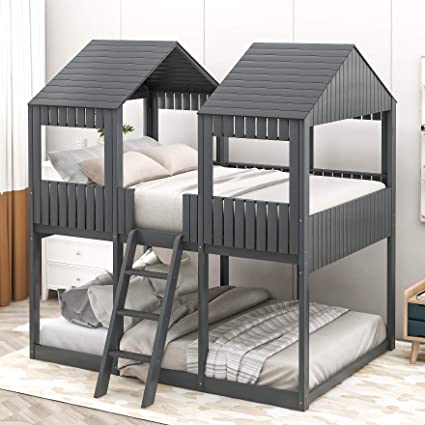 MERITLINE Low Bunk Beds Full Over Full Size, Wood Bunk Beds with Roof and Guard Rail for Kids, Toddlers, No Box Spring Needed (Grey, Full Over Full)