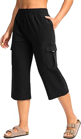 Women's Capri Pants with 4 Pockets Soft Cotton Stretch Cropped Pants Loose Cargo Capris for Women Yoga Casual