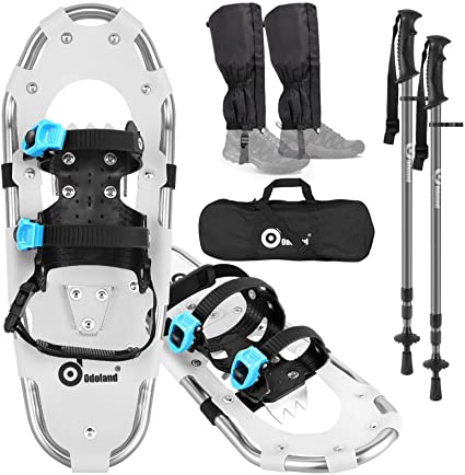 Odoland 4-in-1 Snowshoes for Men Women Youth Kids with Trekking Poles, Waterproof Snow Leg Gaiters and Carrying Tote Bag, Lightweight Snow Shoes Easy to Wear Aluminum Alloy, Size 21''/25''/30''