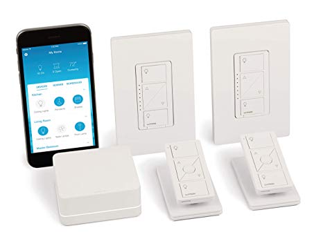 Lutron Caseta Smart Start Kit, Dimmer Switch (2 Count) with Smart Bridge, Remotes, and Pedestals | Works with Alexa, Apple HomeKit, and The Google Assistant | P-BDG-PKG2W