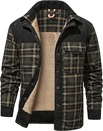 Haellun Men's Long Sleeve Sherpa Lined Shirt Jacket Flannel Plaid Fleece Coats