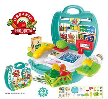 Best Supermarket Cash Register Kitchen Kit Playset 23 Pieces Packed in a Sturdy Gift Case   FREE animal stickers